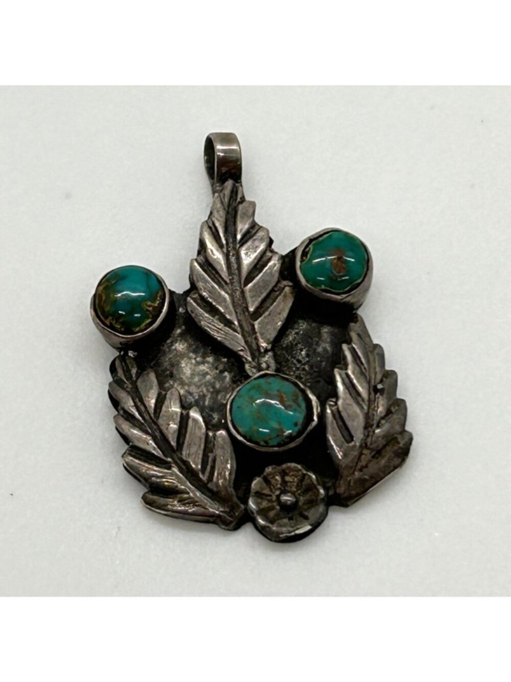 Vintage Alpaca Silver Turquoise Pendant Leaf Flower Tribal Boho Southwestern - Picture 2 of 10